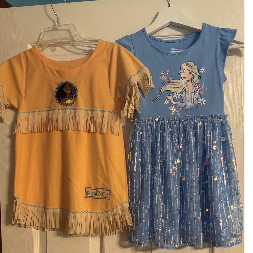 Set of 2 - Disney Princess Elsa Dress Pocahontas Top Kids Size 4 Blue Yellow GUC